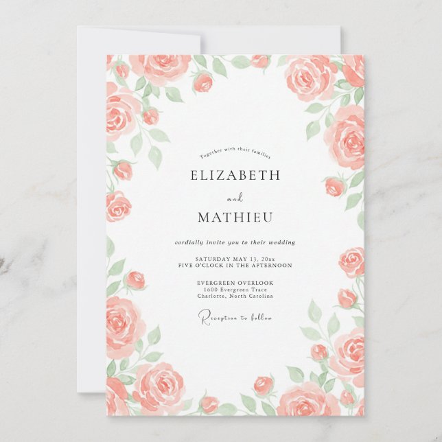 Invitación Boda de Ranunculus Pintado de Coral Suave (Anverso)
