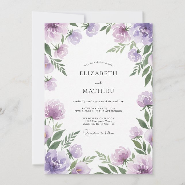 Invitación Boda de Ranunculus Pintados de Violeta (Anverso)