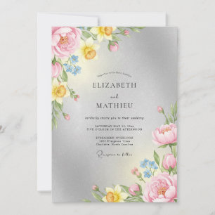 Invitación Boda de Ranunculus y Eucalipto Pastel Plateado