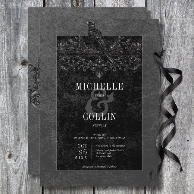 Invitación Boda de Raven Negro Gótico y Rosas Negros (Gothic Black Raven & Black Roses Wedding Invitation)