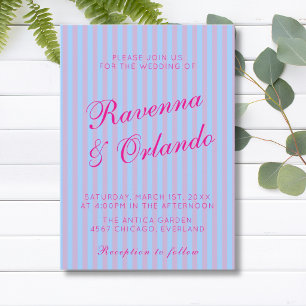 Invitación Boda de Raya Azul Rosa Retro Rosa Brillante