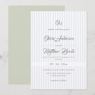 Invitación Boda de raya azul y salvia clásica y elegante