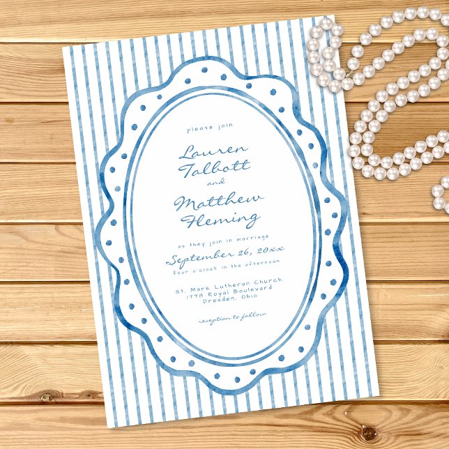 Invitación Boda de Raya de Acuarela Azul Blanco Caprichosa (Whimsical Blue White Watercolor Stripe Wedding Invitation)