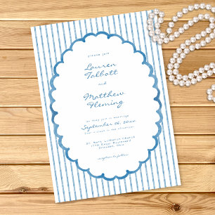 Invitación Boda de raya de acuarela azul caprichosa blanca