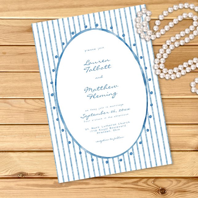 Invitación Boda de Raya de Acuarela Azul y Blanco Caprichosa (Whimsical Blue White Watercolor Stripe Wedding Invitation)