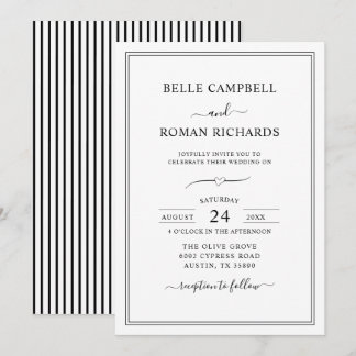 Invitación Boda de raya de pinza clásica en negro y blanco
