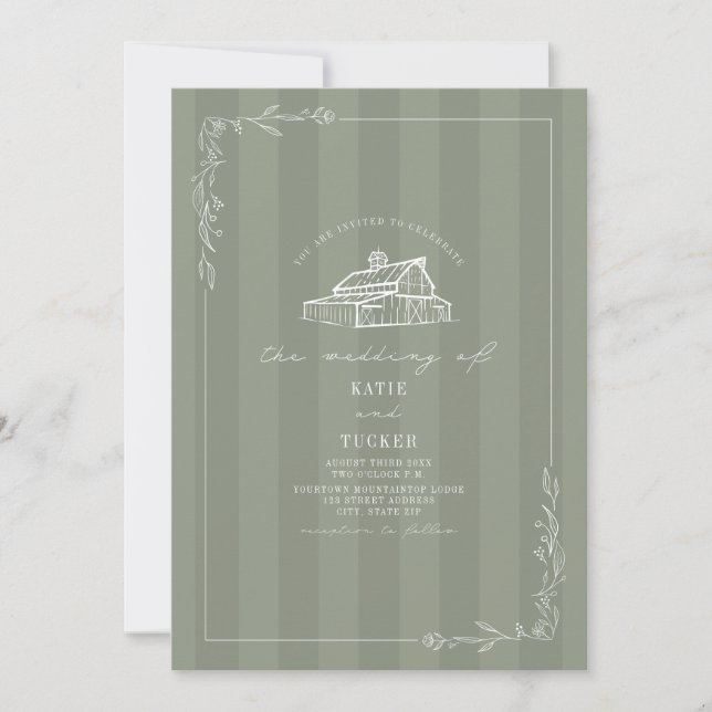 Invitación Boda de raya verde grisáceo rústico de granero de  (Anverso)
