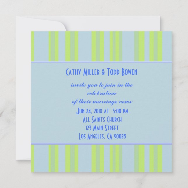 Invitación boda de rayas azul amarillo verde (Anverso)