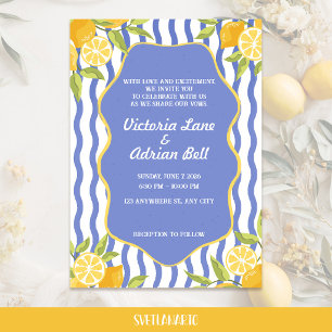 Invitación Boda de rayas azules con limón mediterráneo