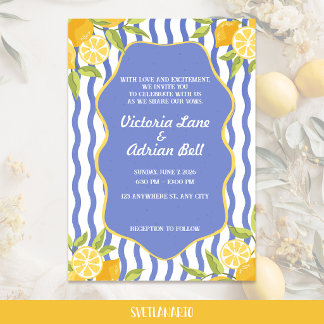 Invitación Boda de rayas azules con limón mediterráneo