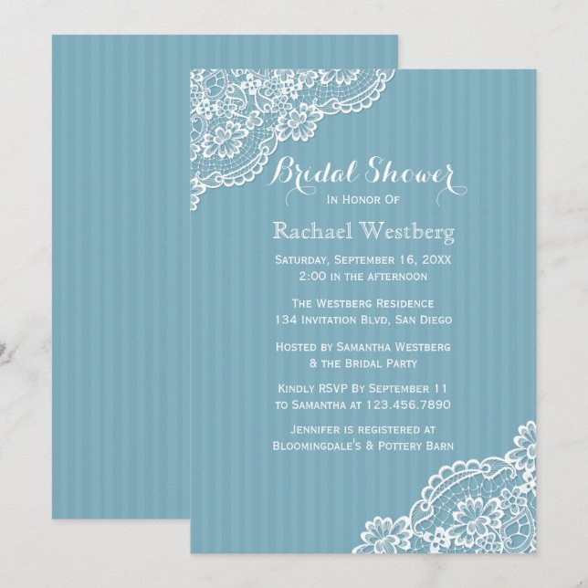 Invitación Boda de rayas azules de la ducha de la novia del e (Anverso / Reverso)