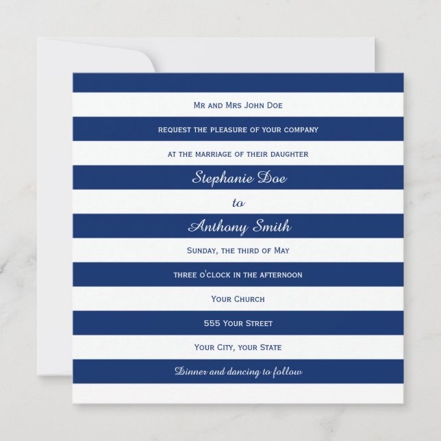 Invitación Boda de rayas azules reales (Anverso)
