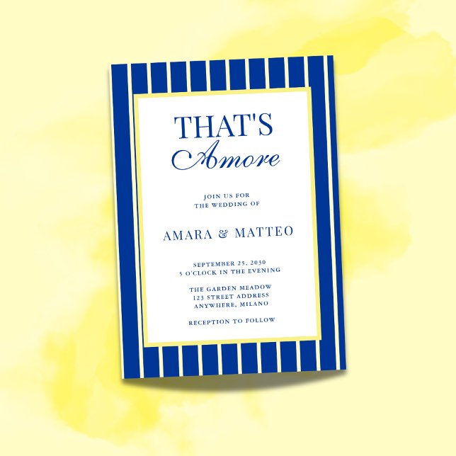 Invitación Boda de rayas azules y amarillas That's Amore (Subido por el creador)