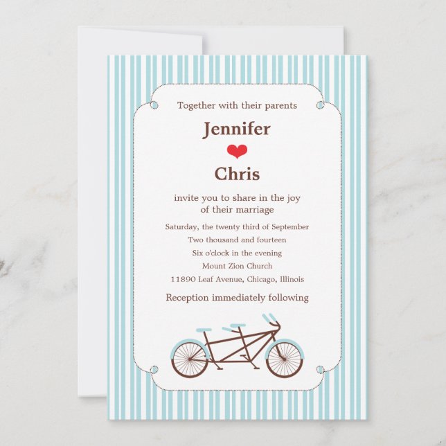 Invitación Boda de rayas azules y blancas de la bicicleta del (Anverso)