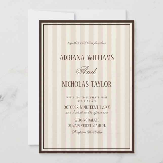 Invitación Boda de rayas Beige Mocca (Anverso)