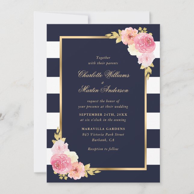 Invitación Boda de rayas blancas azules de la marina floral r (Anverso)