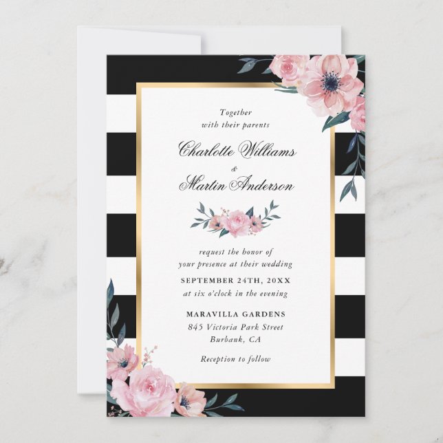 Invitación Boda de rayas blancas blancas rosadas elegante (Anverso)