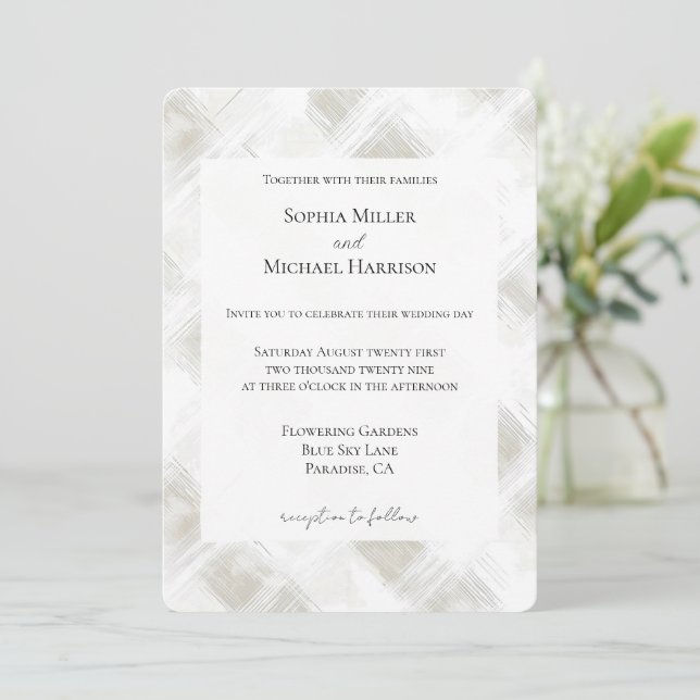 Invitación Boda de rayas blancas crema chic (Anverso de pie)
