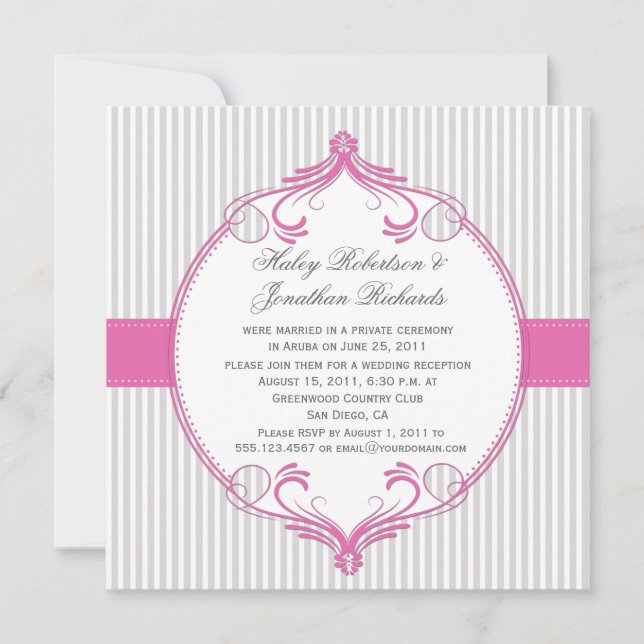 Invitación Boda de rayas blancas grises de marco rosado (Anverso)