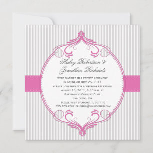 Invitación Boda de rayas blancas grises de marco rosado