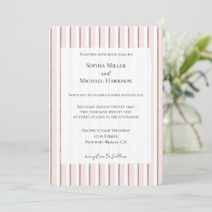 Invitación Boda de rayas blancas marrones rosadas chic