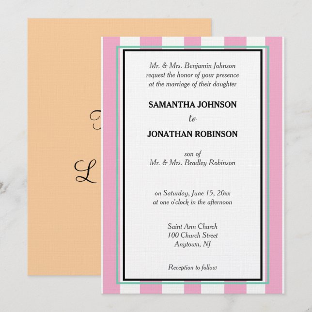 Invitación Boda de Rayas Blancas Verdes Rosadas (Anverso / Reverso)