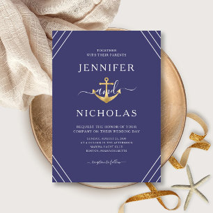 Invitación Boda de rayas de ancla de oro náutico azul marino