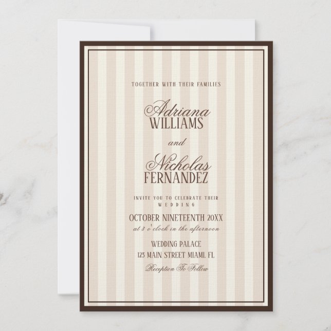 Invitación Boda de rayas de café con leche beige de lujo (Anverso)