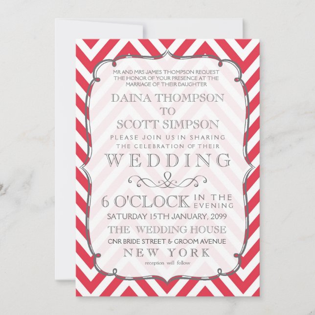 Invitación Boda de rayas de chevron rojas y blancas de amapol (Anverso)