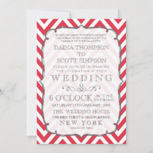 Invitación Boda de rayas de chevron rojas y blancas de amapol