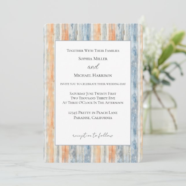Invitación Boda de rayas de crema de melocotón azul (Anverso de pie)