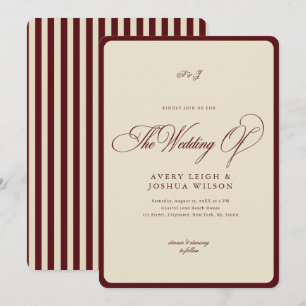 Invitación Boda de rayas de marfil y borgoña con borde retro