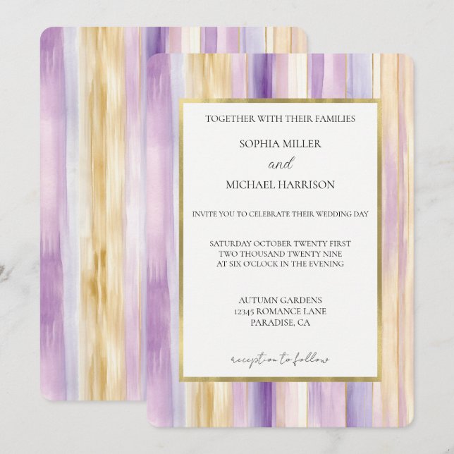 Invitación Boda de rayas de oro púrpura lavanda (Anverso / Reverso)