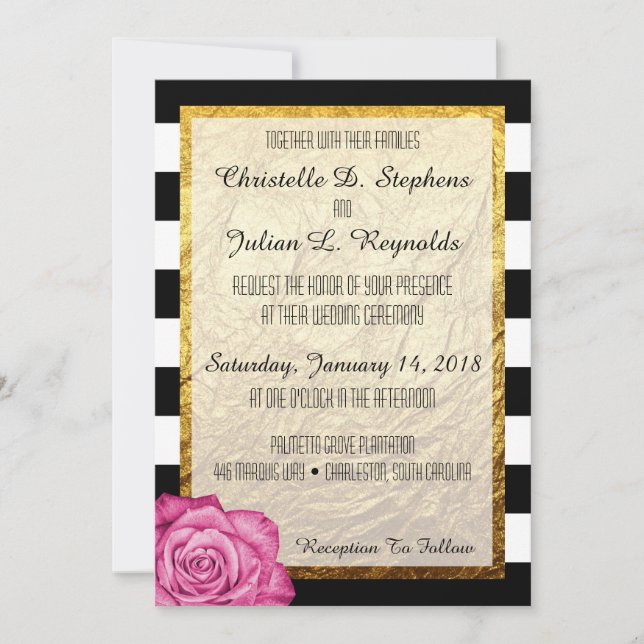 Invitación Boda de rayas de Relieve metalizado dorado rosa ro (Anverso)