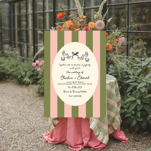 Invitación Boda de rayas dibujadas a mano de color verde y ro