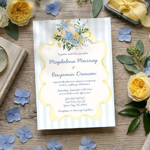 Invitación Boda de rayas florales azules y amarillas dibujada