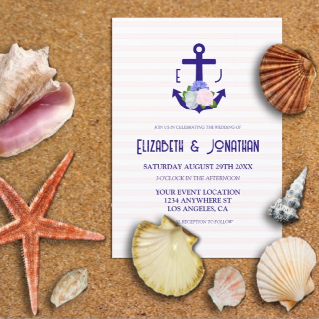 Invitación Boda de rayas florales náuticas (Subido por el creador)