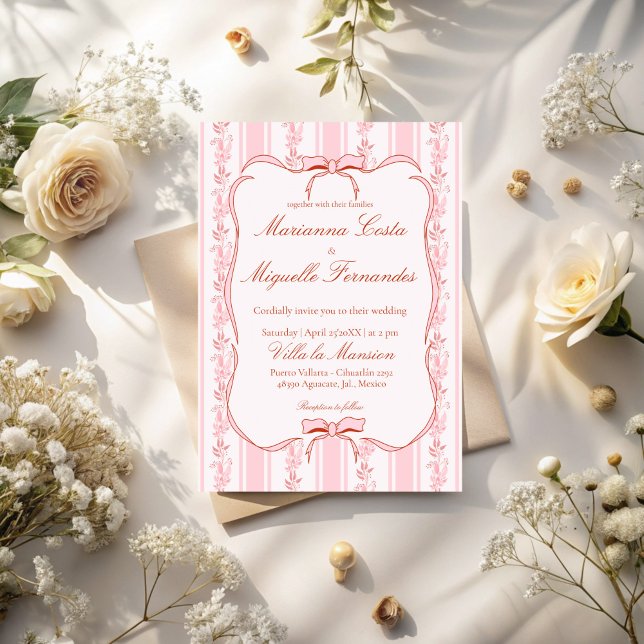 Invitación Boda de rayas florales nórdicas nítidas (Pastel pink vintage retro floral stripes wedding invitation cards with qr RSVP template digital)