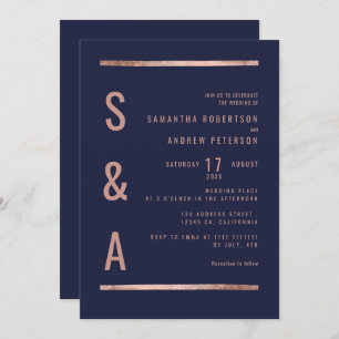 Invitación boda de rayas geométricas azul marino de moda dora
