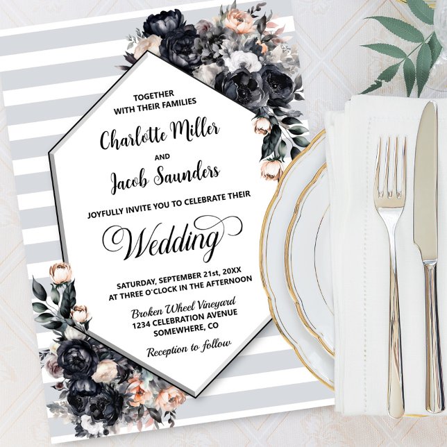 Invitación Boda de rayas geométricas florales de Smokey Black (Subido por el creador)