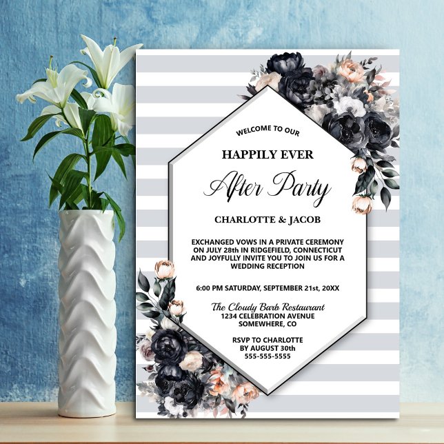 Invitación Boda de rayas geométricas florales negras después  (Subido por el creador)