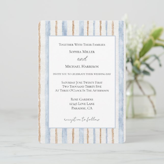 Invitación Boda de rayas marrones crema azules (Anverso de pie)