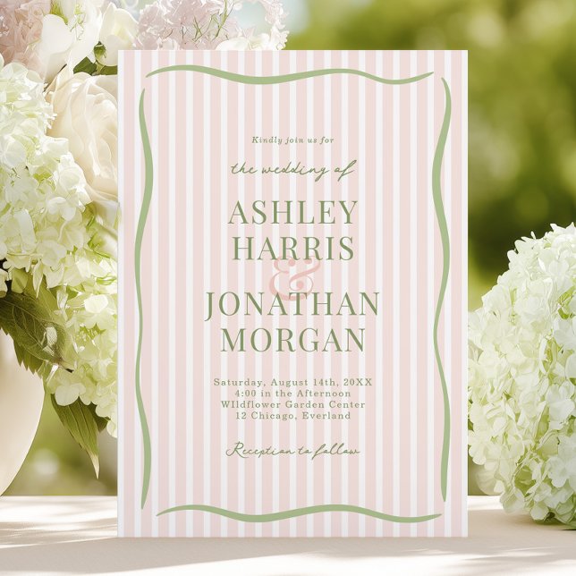 Invitación Boda de rayas melocotón rosa y salvia retro (Subido por el creador)