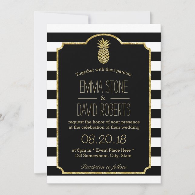 Invitación Boda de rayas modernas de piña dorada hawaiana (Anverso)