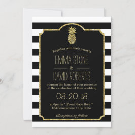 Invitación Boda de rayas modernas de piña dorada hawaiana