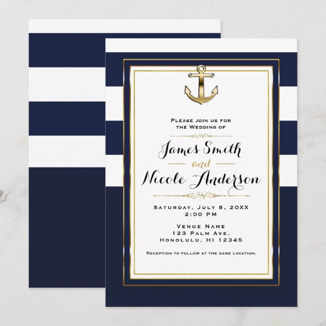Invitación Boda de rayas náuticas de ancla dorada y blanca de (Anverso / Reverso)