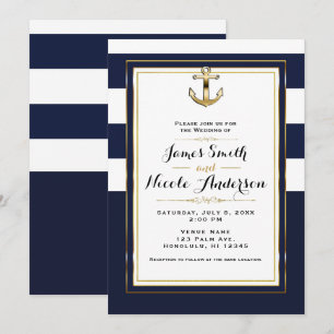 Invitación Boda de rayas náuticas de ancla dorada y blanca de