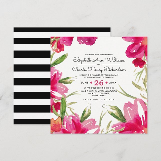 Invitación Boda de rayas negras románticas de Fuchsia floral (Anverso / Reverso)