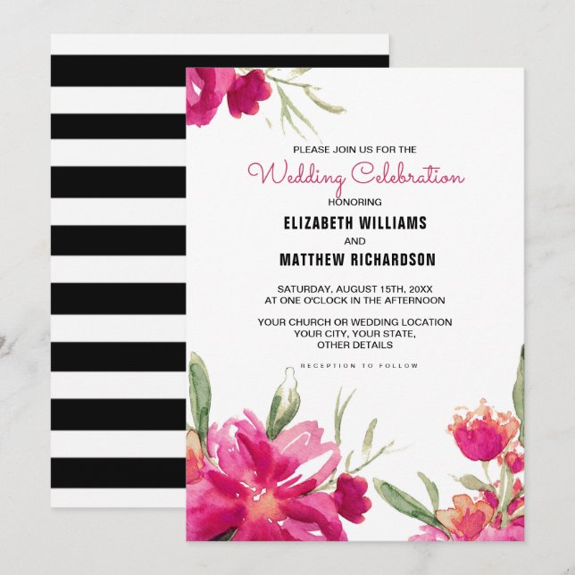 Invitación Boda de rayas negras románticas de Fuchsia floral (Anverso / Reverso)