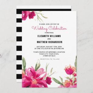 Invitación Boda de rayas negras románticas de Fuchsia floral